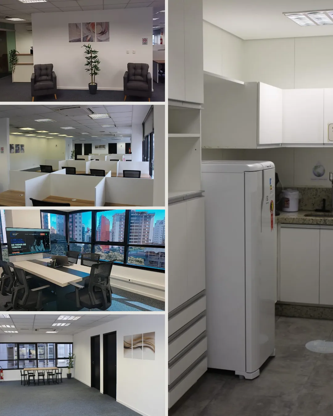 Montagem de fotos da unidade de Belo Horizonte: recepção, estações de trabalho, sala de reunião e copa